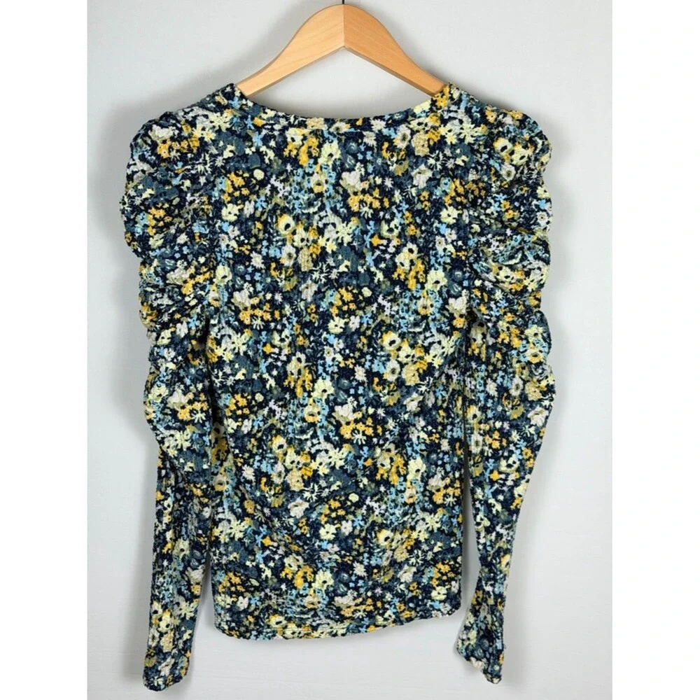 LOFT Floral Ruched Shoulder Top XS Blue Yellow Puff Sleeve Romantic Soft Girl